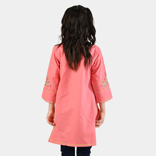 Girls Cotton Poplin Emb Kurti - Peach