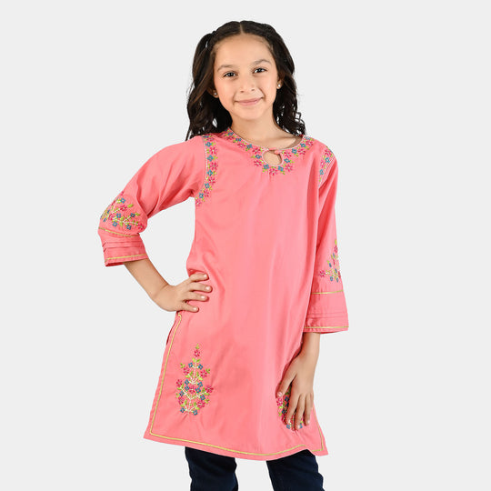 Girls Cotton Poplin Emb Kurti - Peach