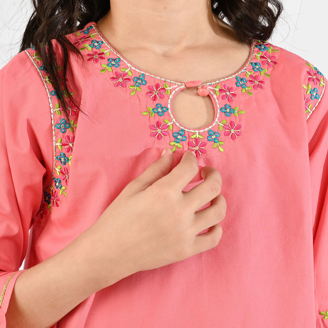 Girls Cotton Poplin Emb Kurti - Peach
