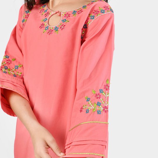 Girls Cotton Poplin Emb Kurti - Peach