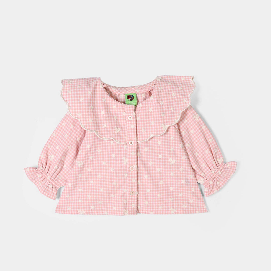 Infant Girls Yarn Dyed Emb Top Floral Check-Peach
