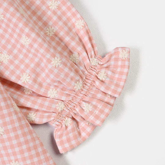 Infant Girls Yarn Dyed Emb Top Floral Check-Peach