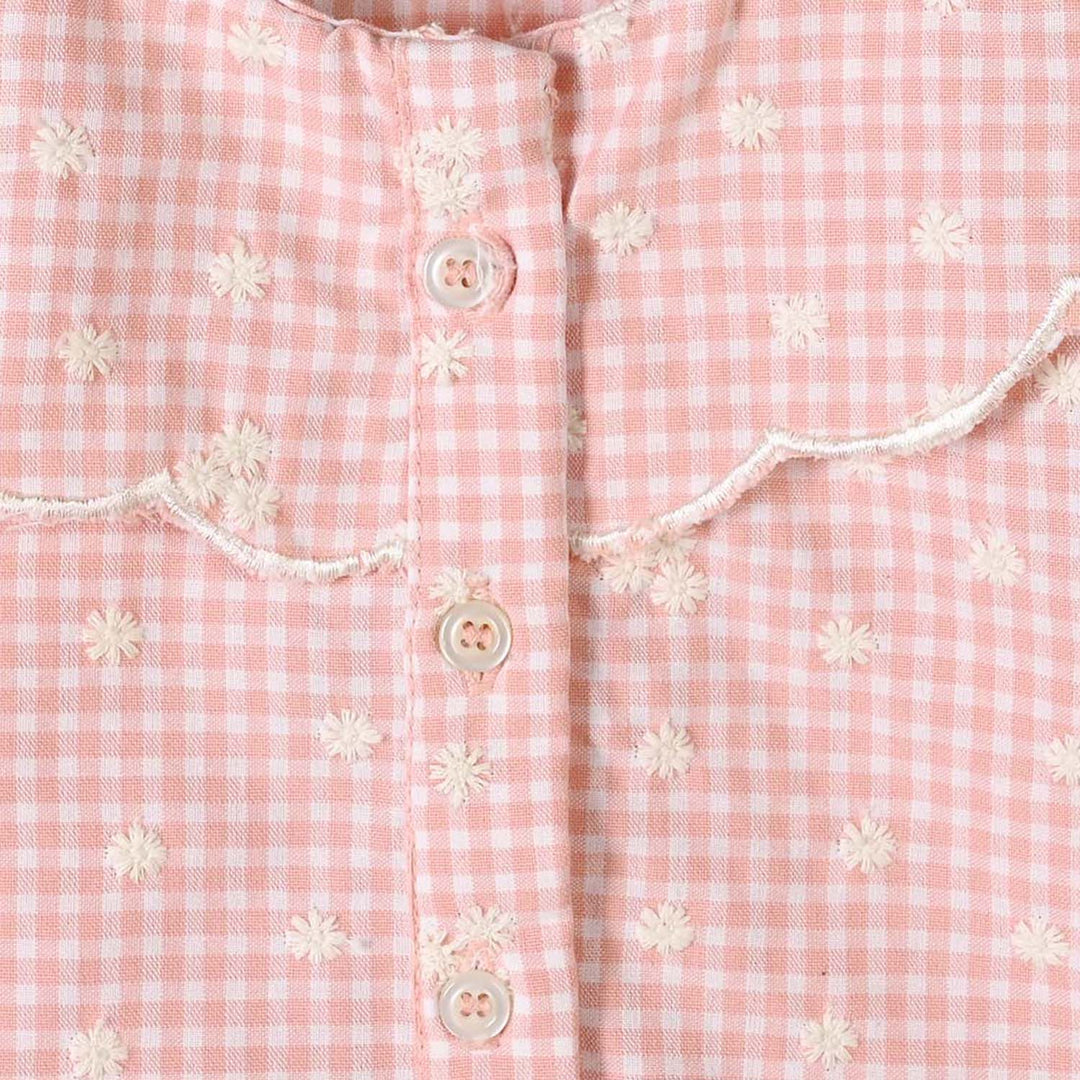 Infant Girls Yarn Dyed Emb Top Floral Check-Peach