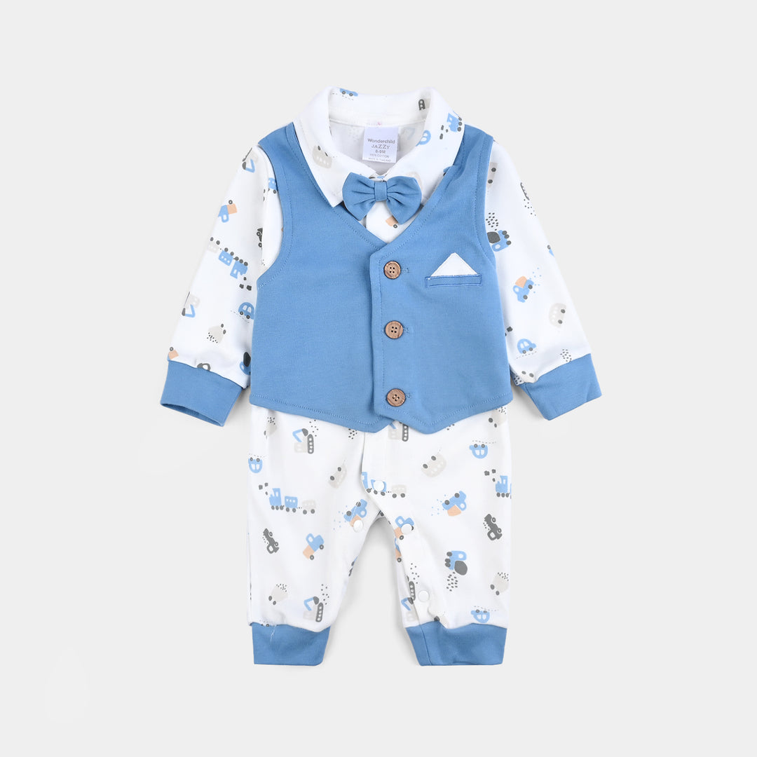Infant Boys Cotton Interlock Romper-Blue/White