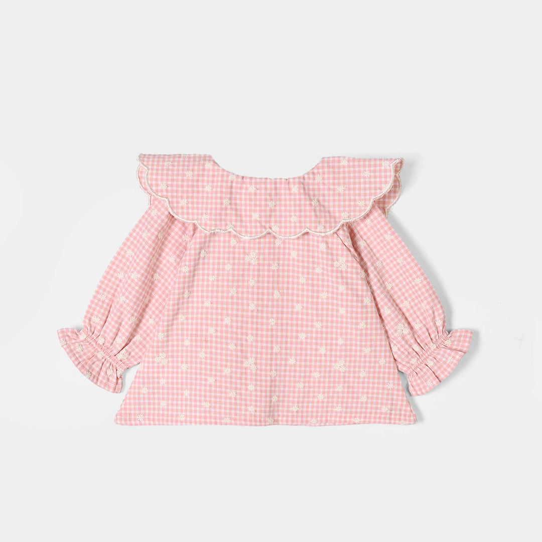 Infant Girls Yarn Dyed Emb Top Floral Check-Peach