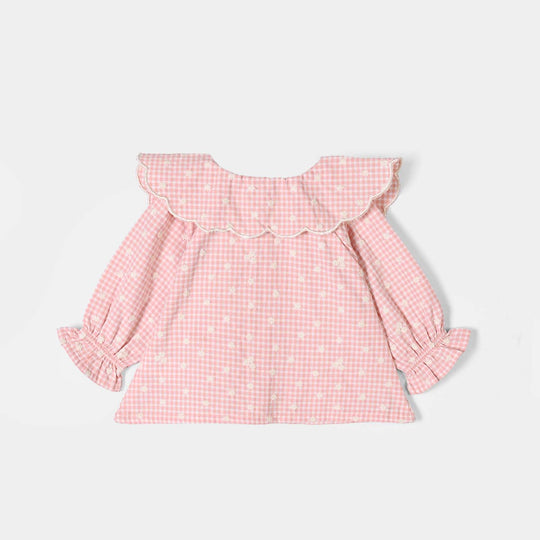 Infant Girls Yarn Dyed Emb Top Floral Check-Peach