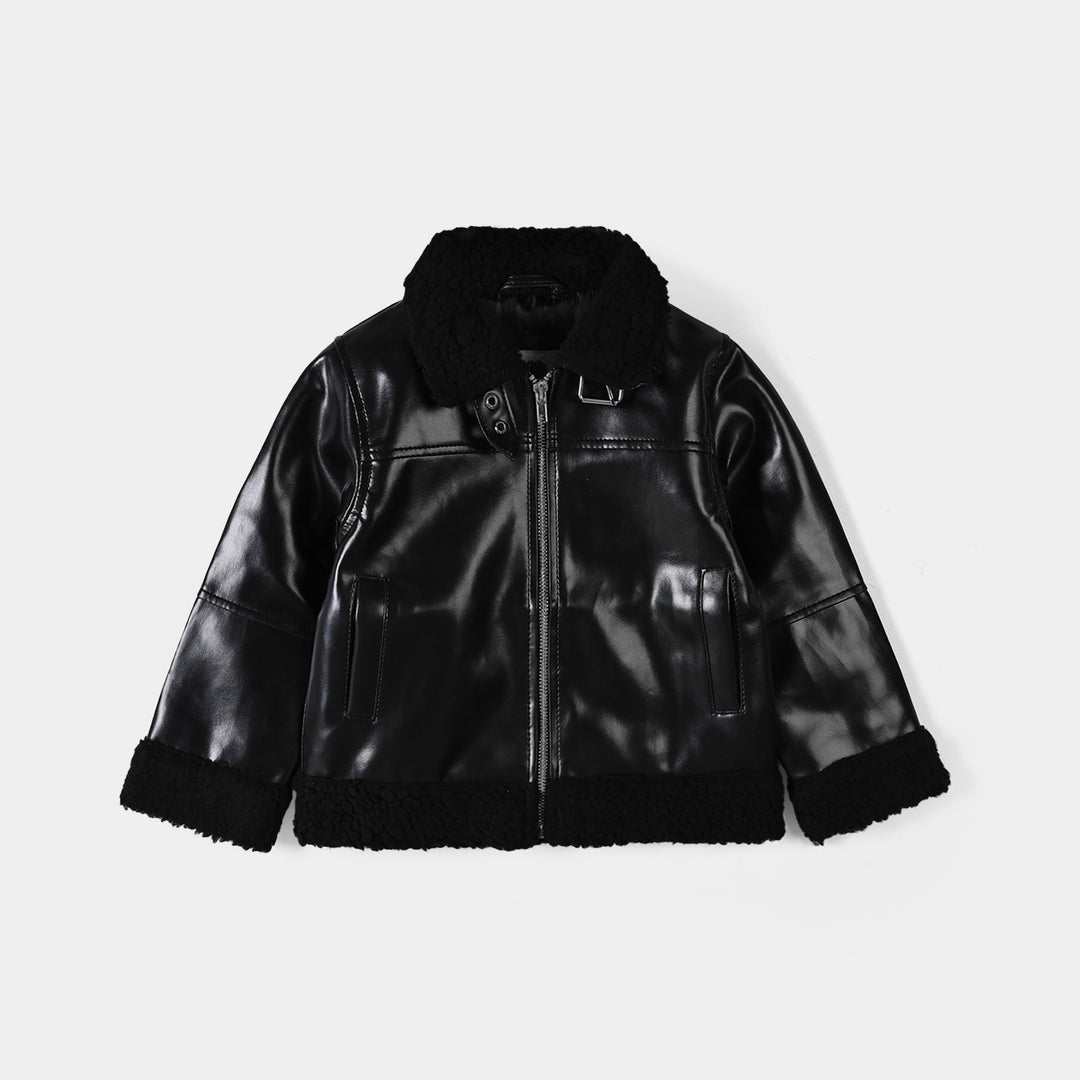 Girls PU Jacket Sherpa Hem-BLACK