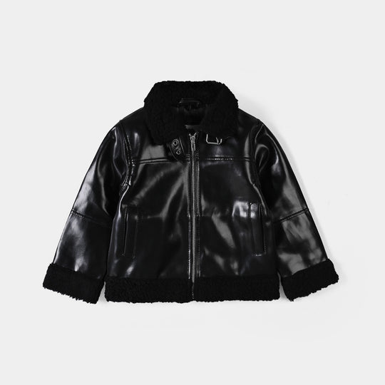 Girls PU Jacket Sherpa Hem-BLACK