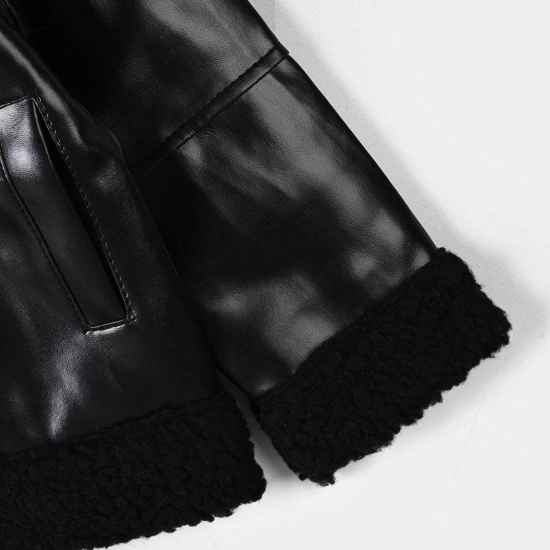 Girls PU Jacket Sherpa Hem-BLACK