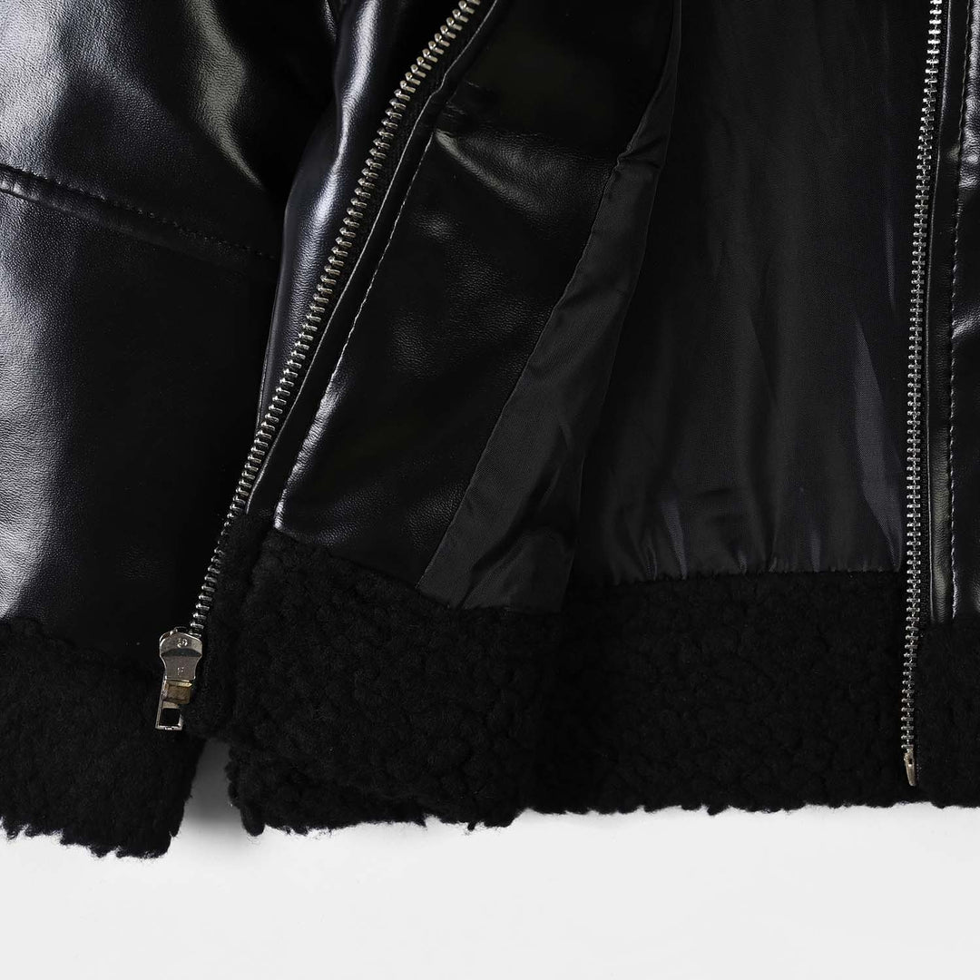 Girls PU Jacket Sherpa Hem-BLACK