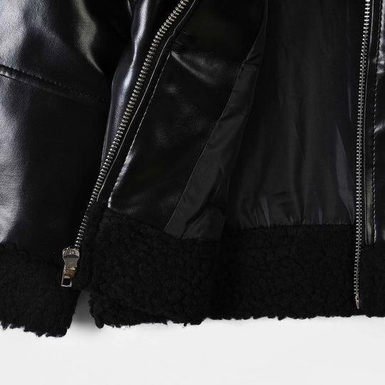 Girls PU Jacket Sherpa Hem-BLACK