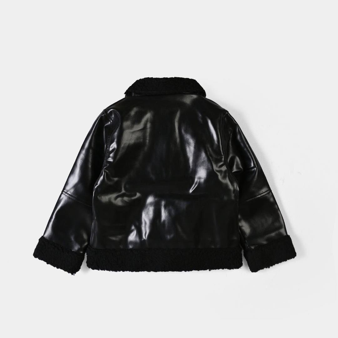 Girls PU Jacket Sherpa Hem-BLACK