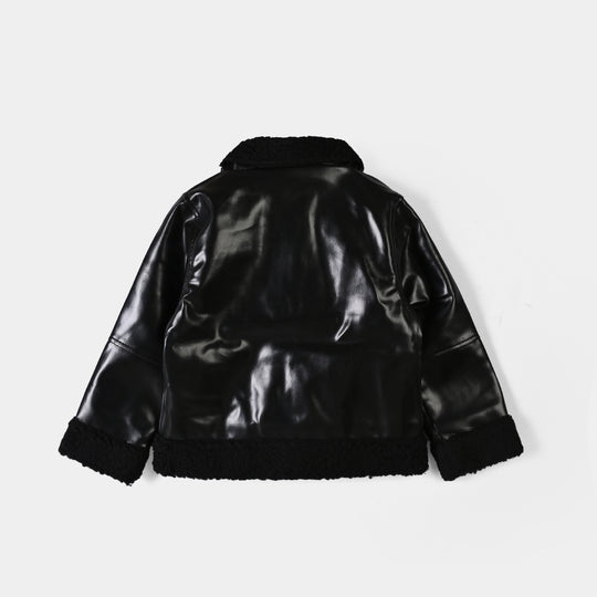 Girls PU Jacket Sherpa Hem-BLACK