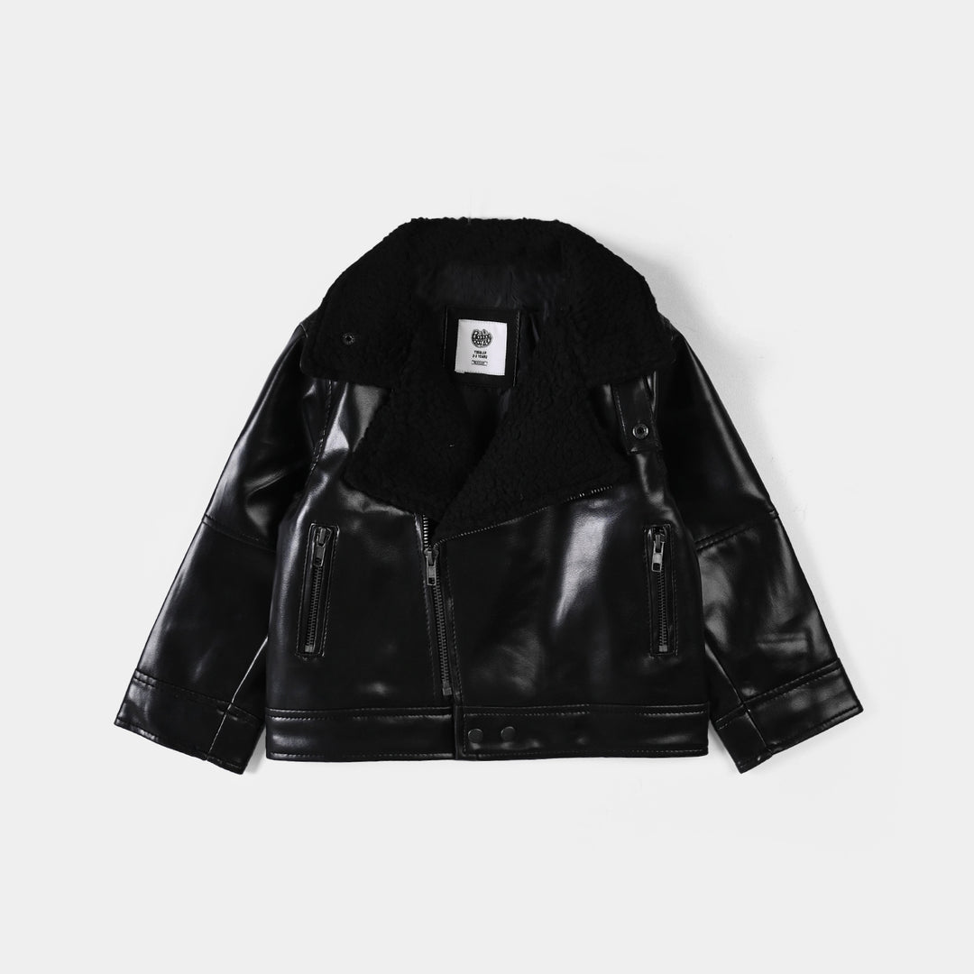 Boys PU Jacket Sherpa Collar-BLACK