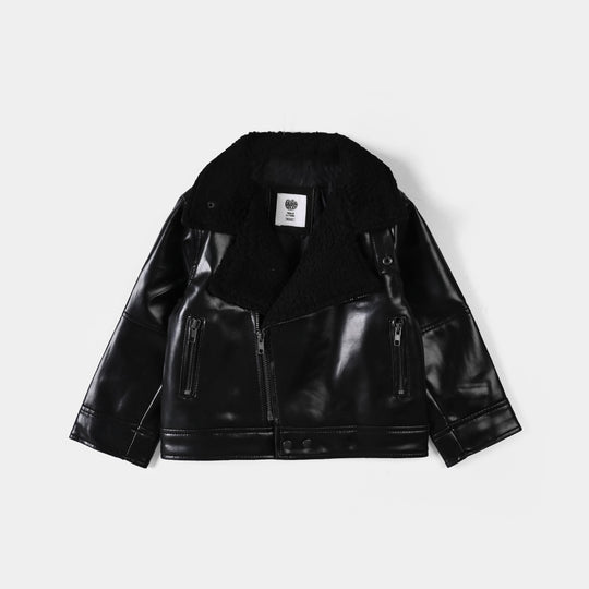 Boys PU Jacket Sherpa Collar-BLACK