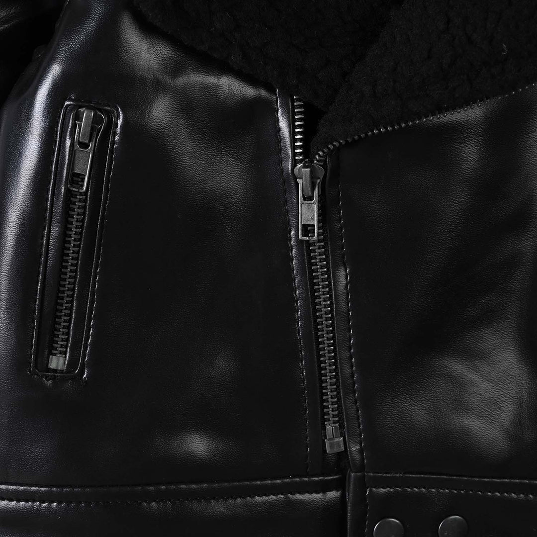 Boys PU Jacket Sherpa Collar-BLACK