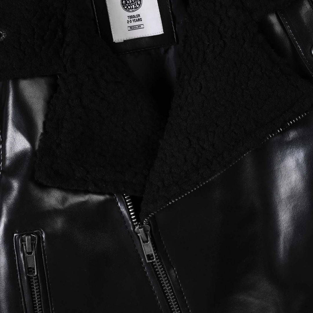 Boys PU Jacket Sherpa Collar-BLACK