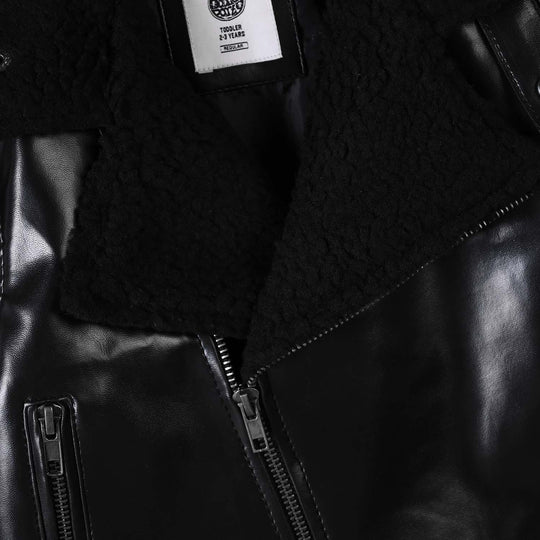 Boys PU Jacket Sherpa Collar-BLACK