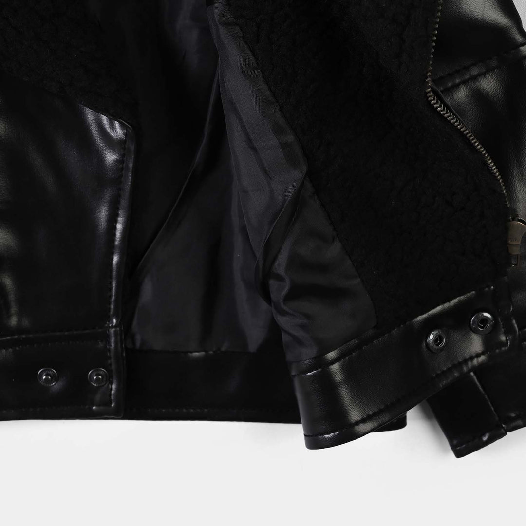 Boys PU Jacket Sherpa Collar-BLACK