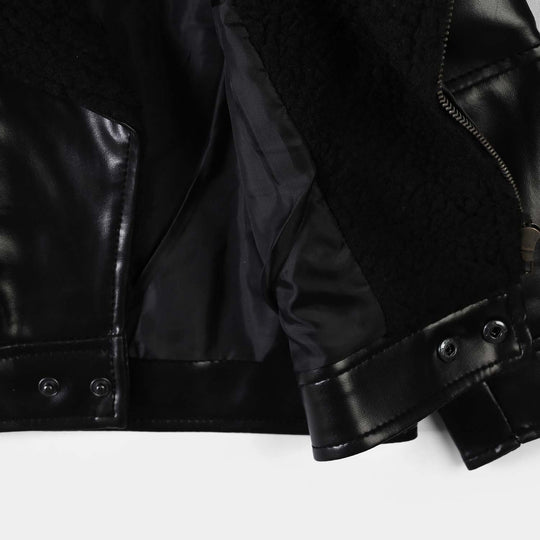 Boys PU Jacket Sherpa Collar-BLACK