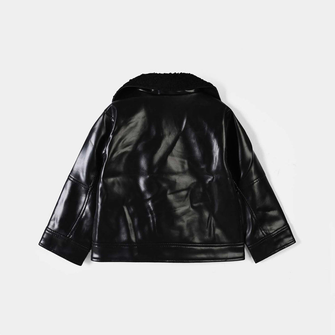 Boys PU Jacket Sherpa Collar-BLACK