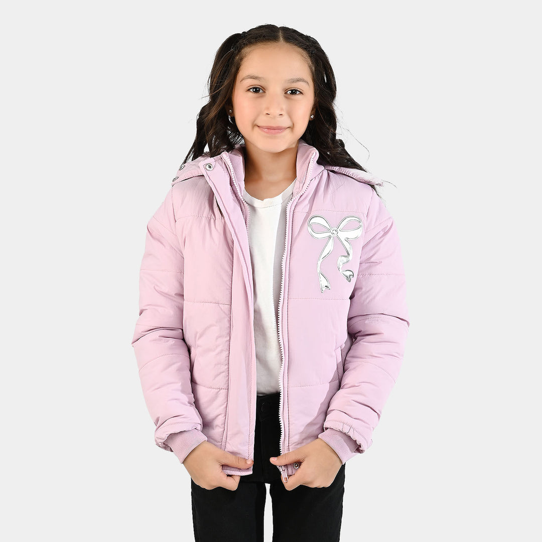 Girls Quilted Hooded Jacket F/S Bow - PURPLE