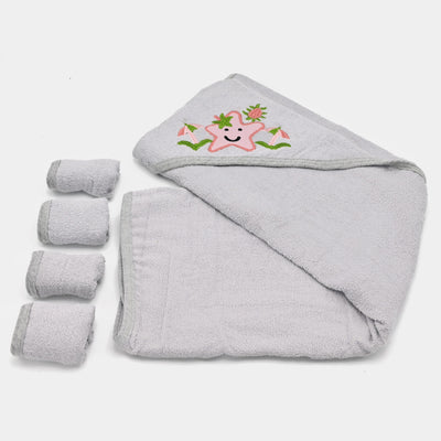 Baby Hooded Bath Towel + 4PCS Face Towel Set | 5Pcs