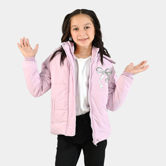 Girls Quilted Hooded Jacket F/S Bow - PURPLE