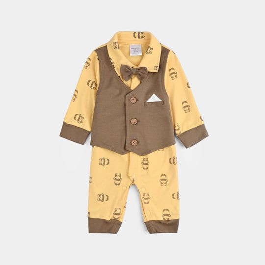 Infant Boys Cotton Interlock Romper-Brown/Yellow