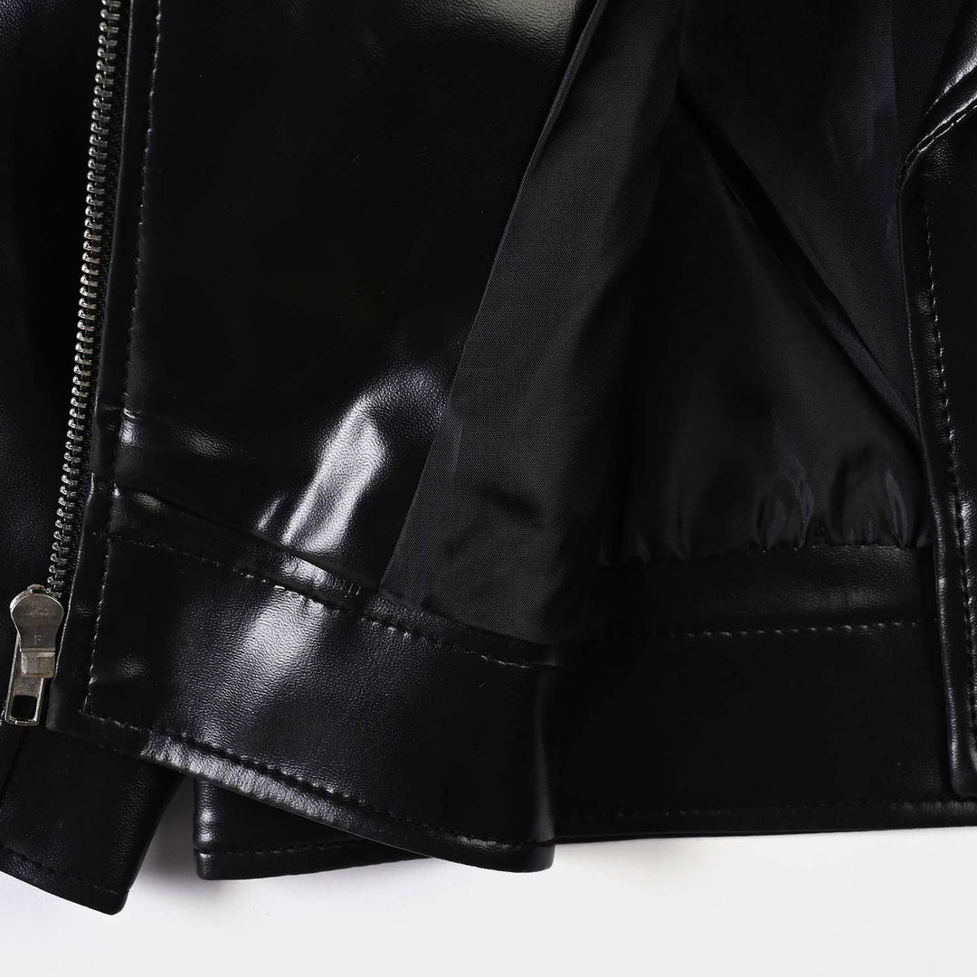 Girls PU Jacket Pu Lapel-BLACK