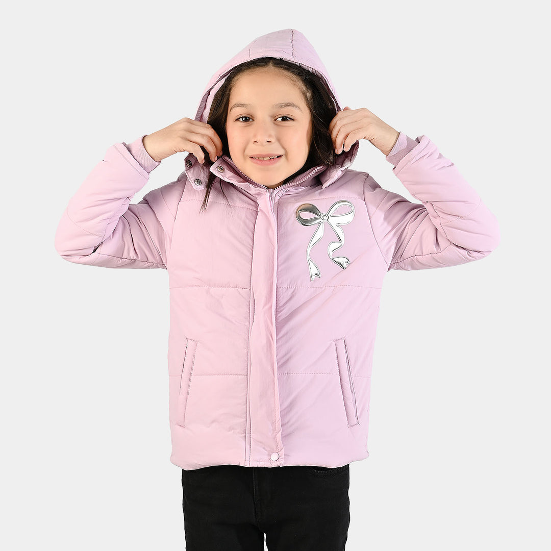 Girls Quilted Hooded Jacket F/S Bow - PURPLE