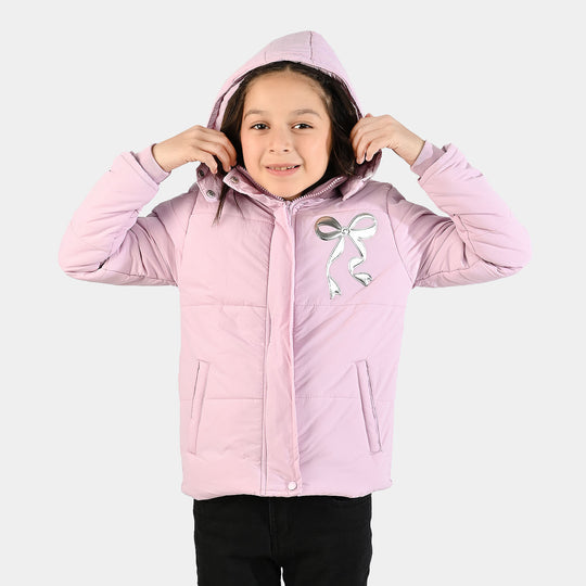 Girls Quilted Hooded Jacket F/S Bow - PURPLE