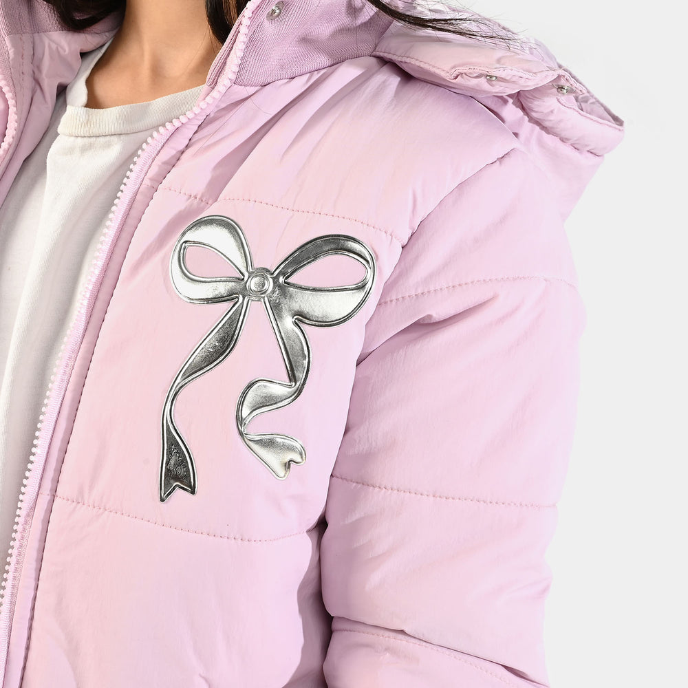 Girls Quilted Hooded Jacket F/S Bow - PURPLE