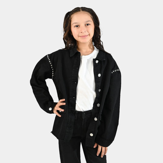 Girls Denim Stretch Woven Jacket Studs-BLACK
