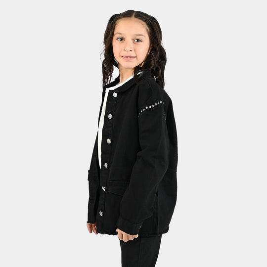 Girls Denim Stretch Woven Jacket Studs-BLACK