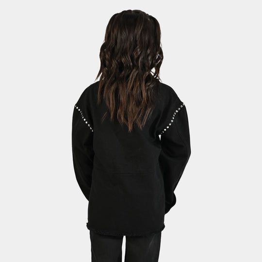Girls Denim Stretch Woven Jacket Studs-BLACK