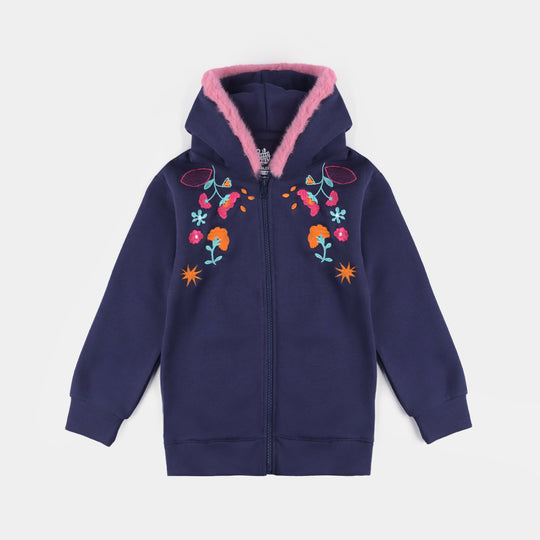 Girls Fleece Knitted Jacket Flowers-Navy Blue