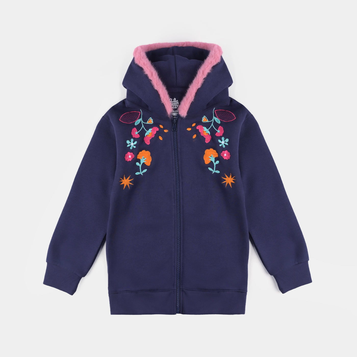 Girls Fleece Knitted Jacket Flowers-Navy Blue