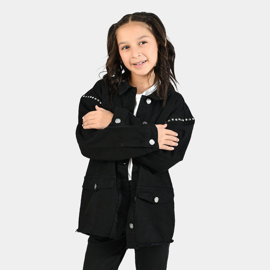 Girls Denim Stretch Woven Jacket Studs-BLACK