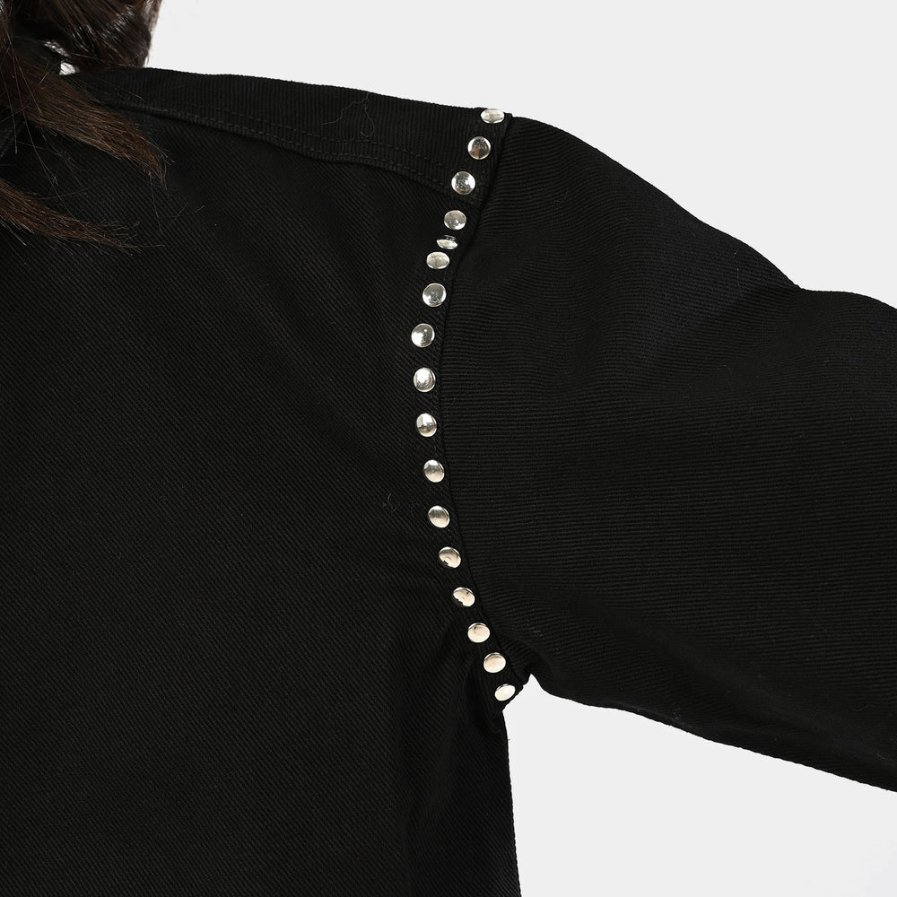 Girls Denim Stretch Woven Jacket Studs-BLACK