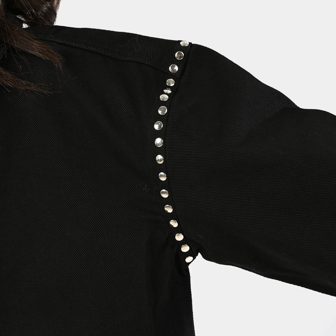 Girls Denim Stretch Woven Jacket Studs-BLACK