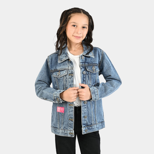 Girls Denim Rigid Jacket Hearts - Light Blue