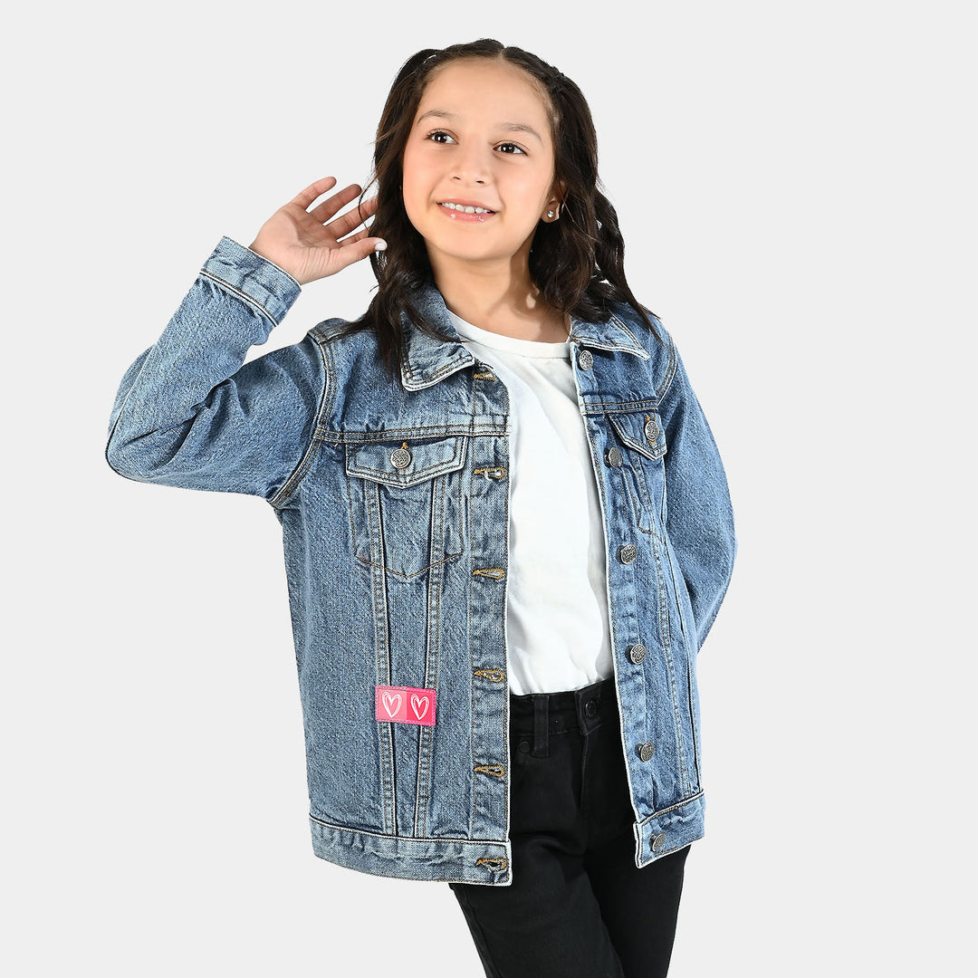 Girls Denim Rigid Jacket Hearts - Light Blue