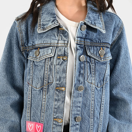 Girls Denim Rigid Jacket Hearts - Light Blue