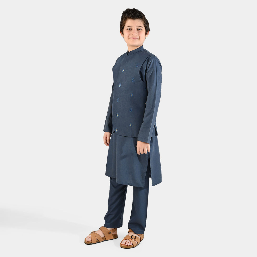 Boys Poly Viscose 3 Piece Suit (Monotone)-Blue