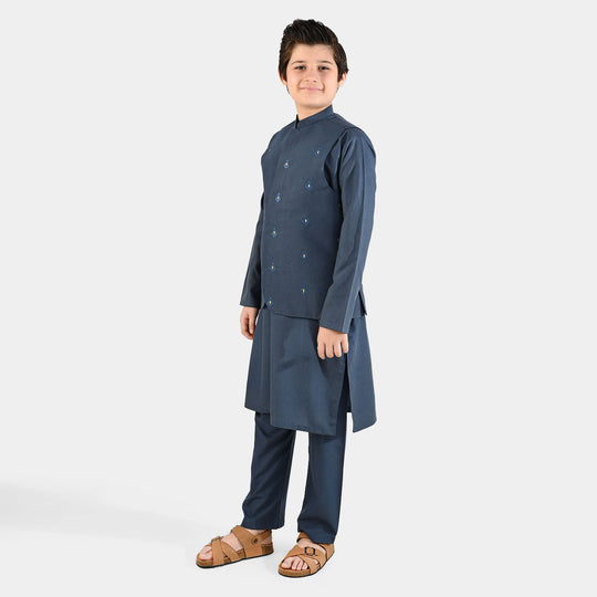 Boys Poly Viscose 3 Piece Suit (Monotone)-Blue