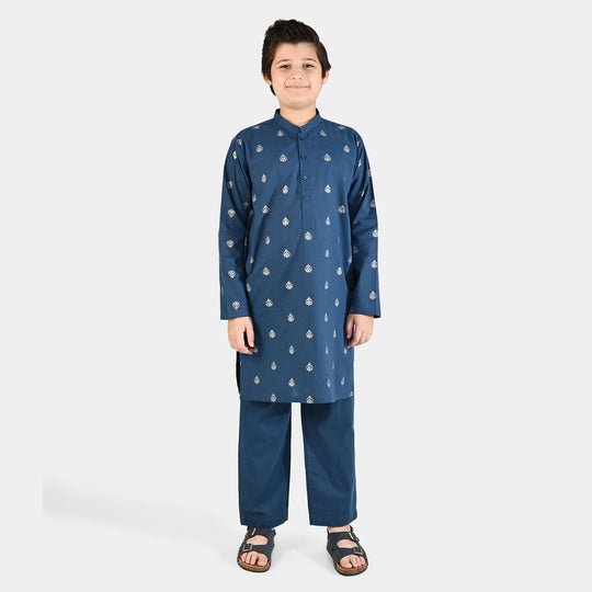 Boys Cotton Slub Kurta Pajama (Tone on Tone)-Blue.Opal