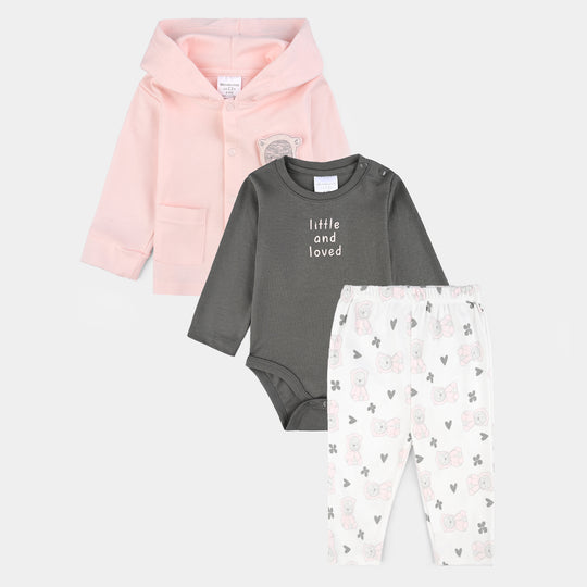 Infant Girls Cotton Interlock 3 PC Set-Pink/Grey/White
