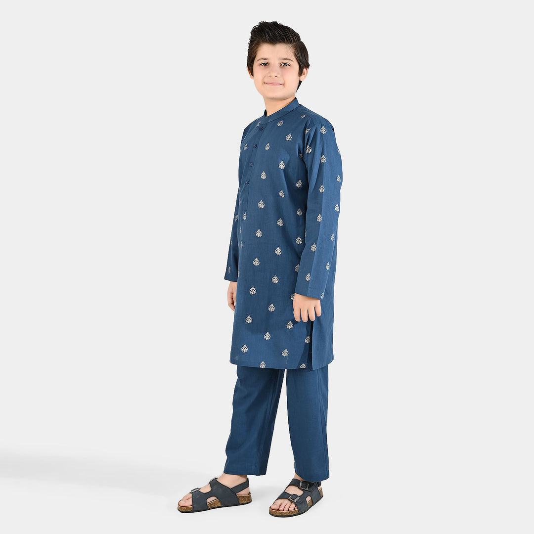 Boys Cotton Slub Kurta Pajama (Tone on Tone)-Blue.Opal
