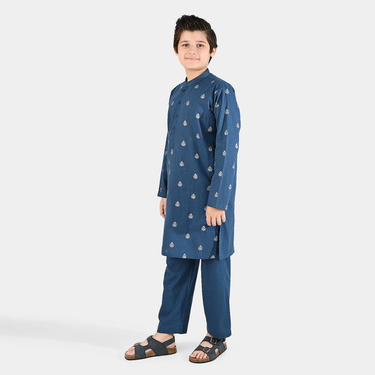 Boys Cotton Slub Kurta Pajama (Tone on Tone)-Blue.Opal